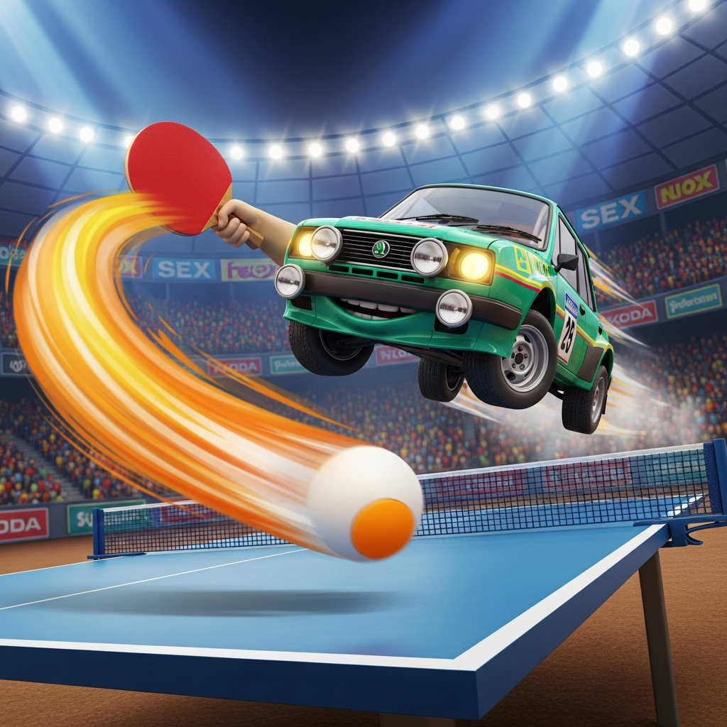 Škoda car performing a table tennis smash