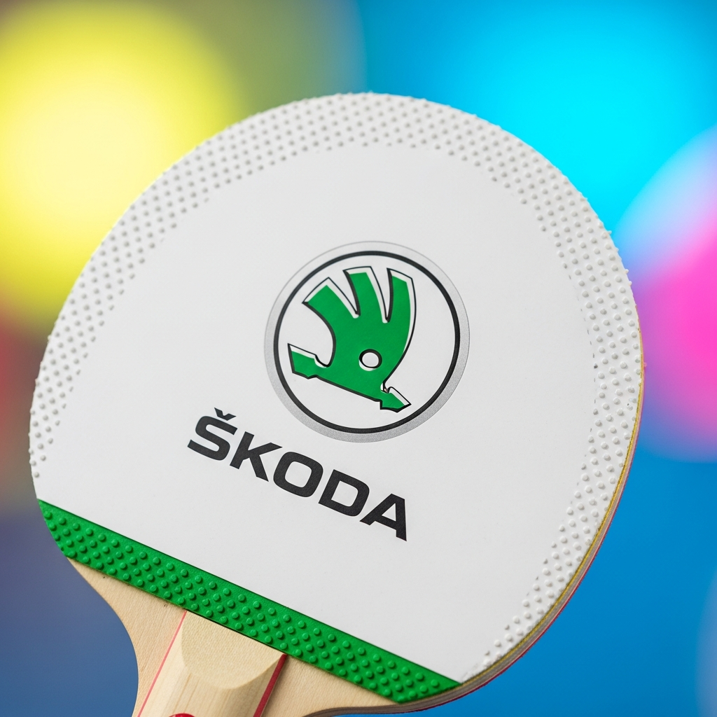 Škoda branded table tennis paddle close-up